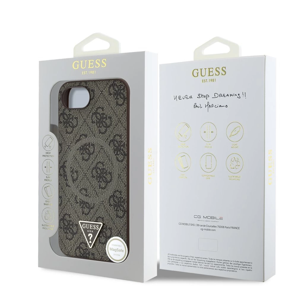 Guess PU 4G Strass Triangle Metal Logo MagSafe tok iPhone 16e készülékhez barna