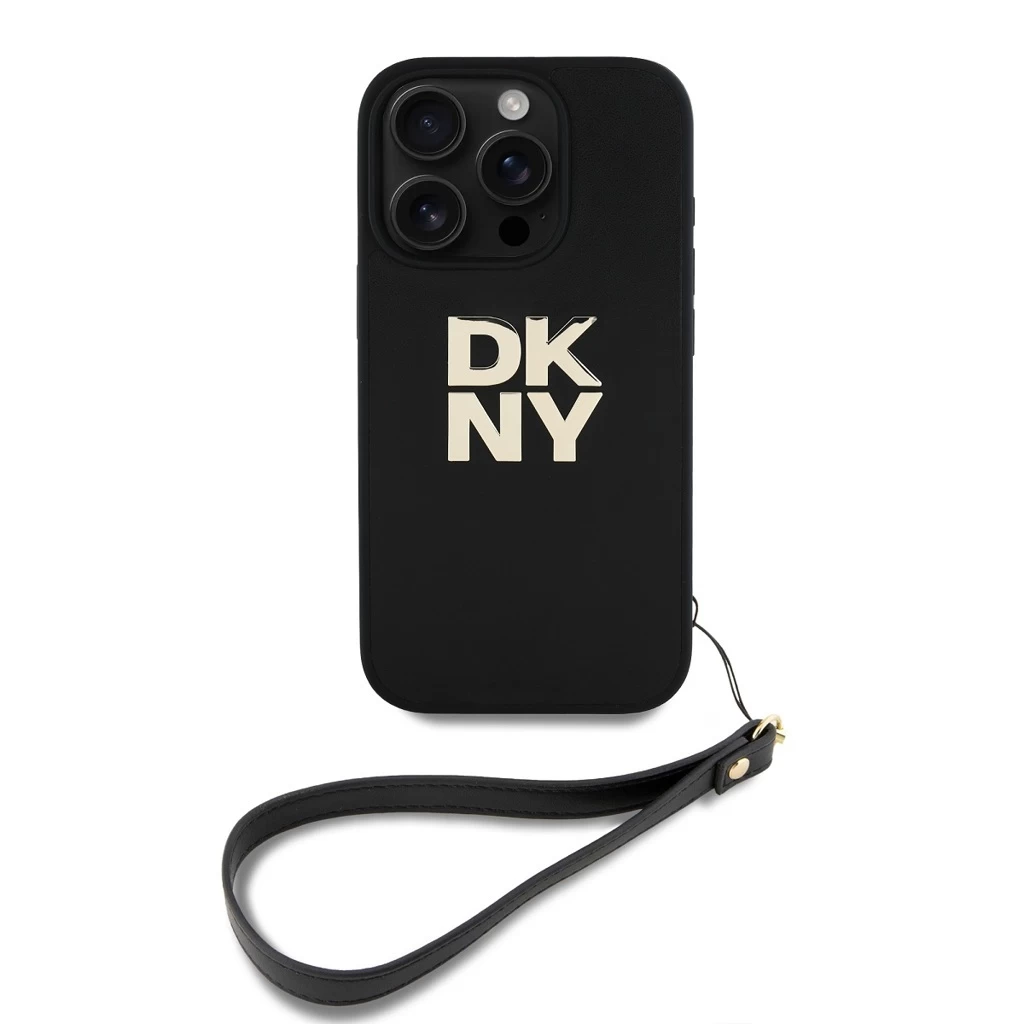 DKNY PU Leather Stack Logo csuklópántos tok iPhone 16 Pro készülékhez fekete