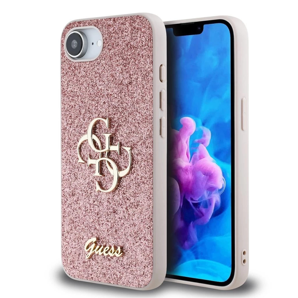 Guess PU Fixed Glitter 4G Metal Logo tok iPhone 16e készülékhez rózsaszín