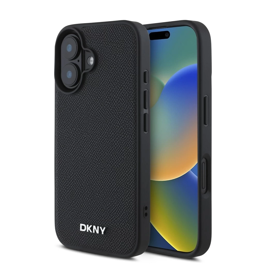 DKNY PU bőr ezüst fém logó Magsafe tok iPhone 16 készülékhez fekete DKNY PU bőr ezüst fém logó Magsafe tok iPhone 16 készülékhez fekete