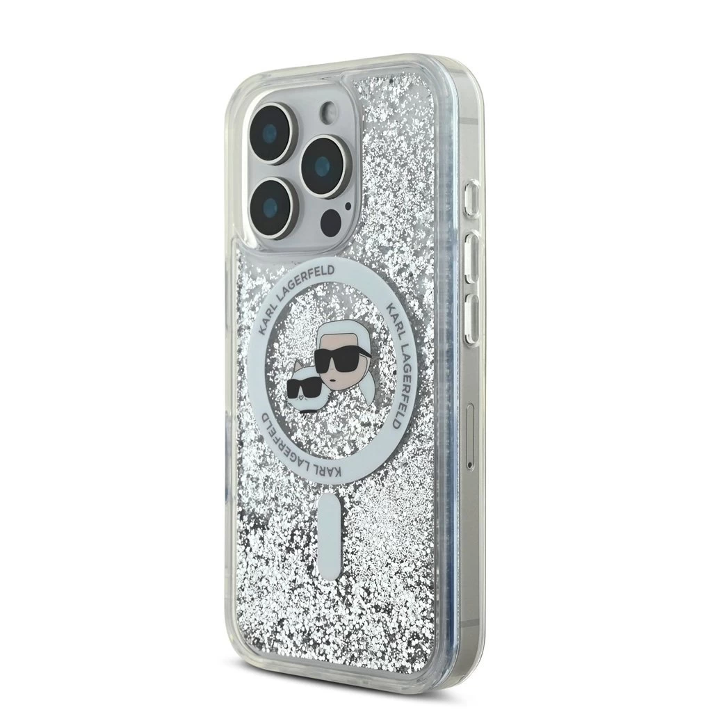Karl Lagerfeld Liquid Glitter Karl and Choupette Heads MagSafe tok iPhone 16 Pro készülékhez átlátszó