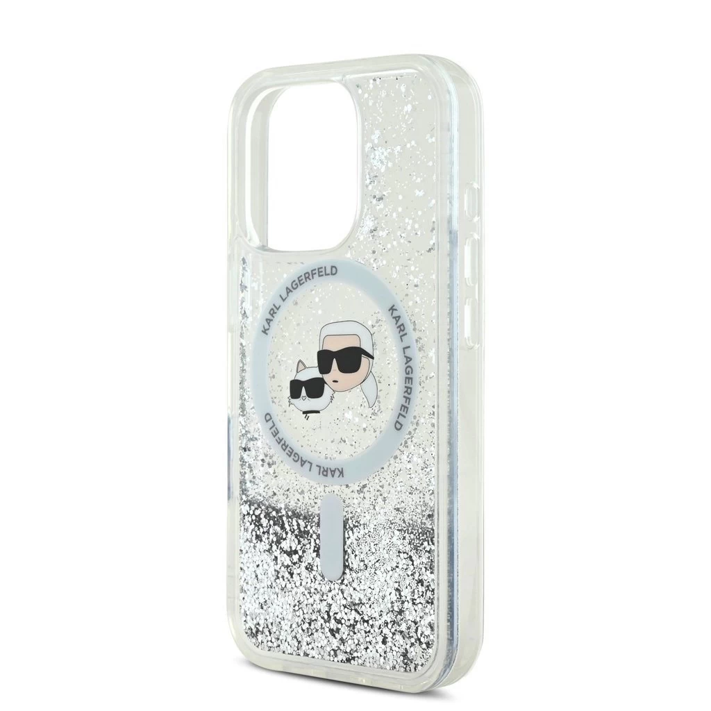 Karl Lagerfeld Liquid Glitter Karl and Choupette Heads MagSafe tok iPhone 16 Pro készülékhez átlátszó