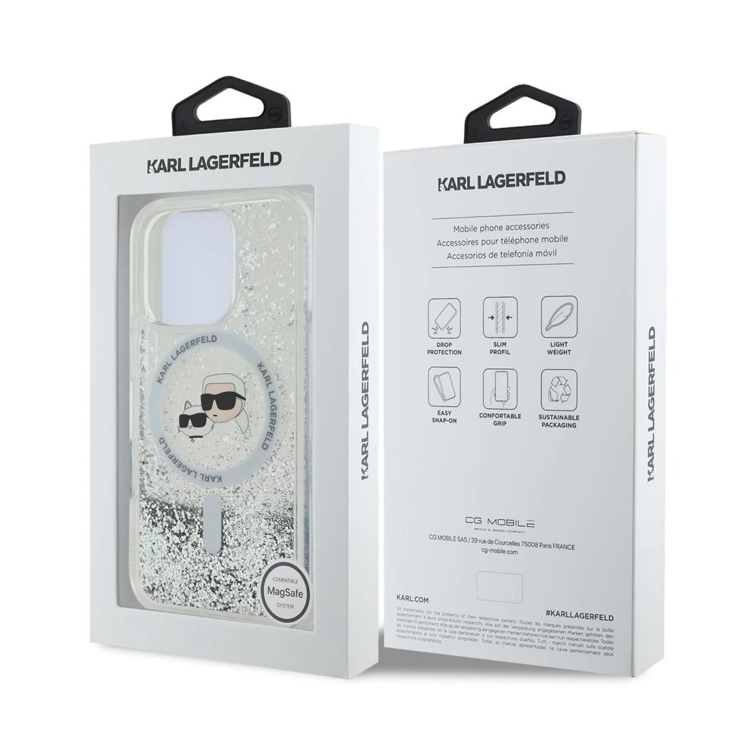 Karl Lagerfeld Liquid Glitter Karl and Choupette Heads MagSafe tok iPhone 16 Pro készülékhez átlátszó
