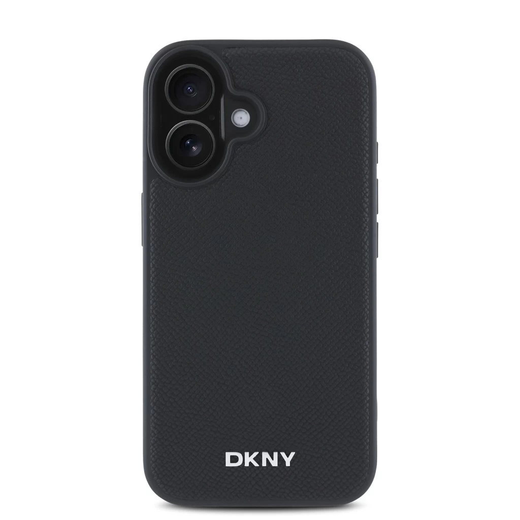DKNY PU Leather Silver Metal Logo MagSafe tok iPhone 16 Plus készülékhez fekete