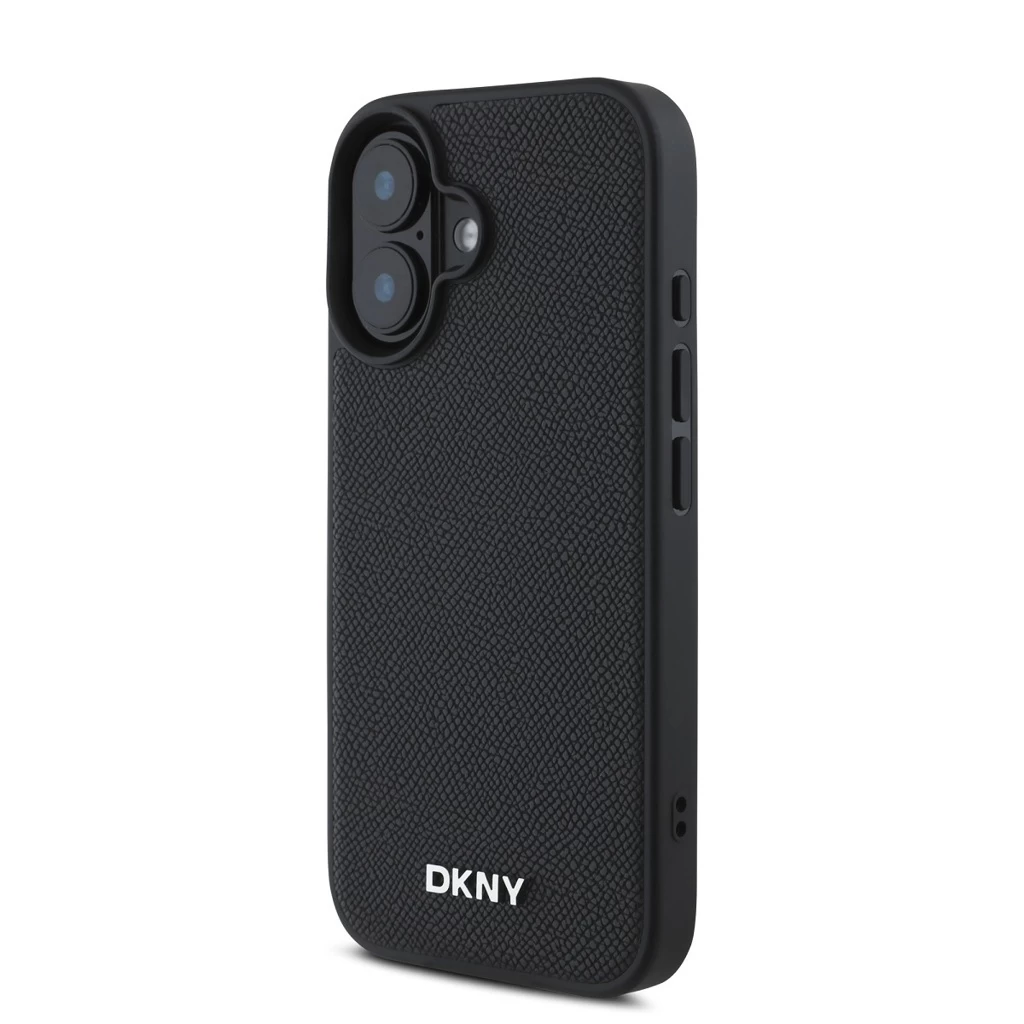 DKNY PU Leather Silver Metal Logo MagSafe tok iPhone 16 Plus készülékhez fekete