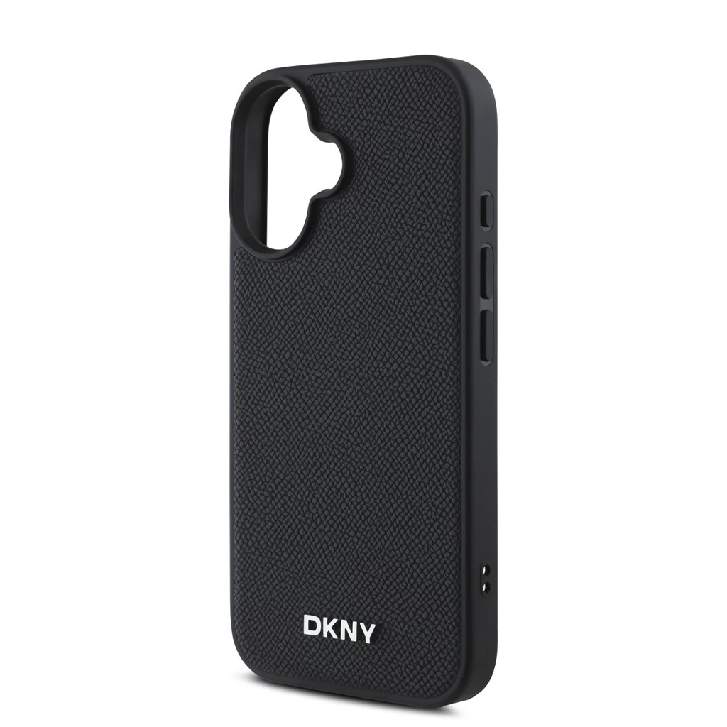 DKNY PU Leather Silver Metal Logo MagSafe tok iPhone 16 Plus készülékhez fekete