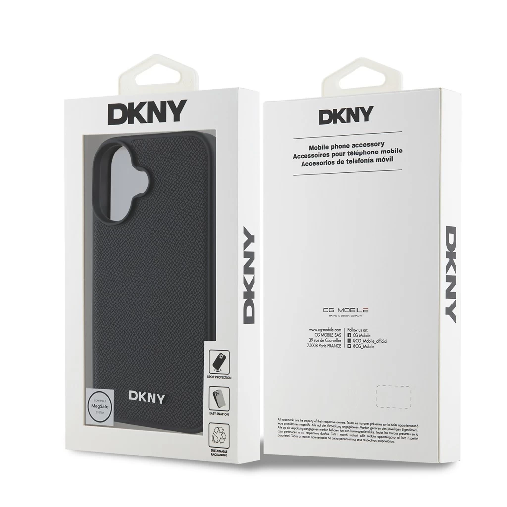 DKNY PU Leather Silver Metal Logo MagSafe tok iPhone 16 Plus készülékhez fekete