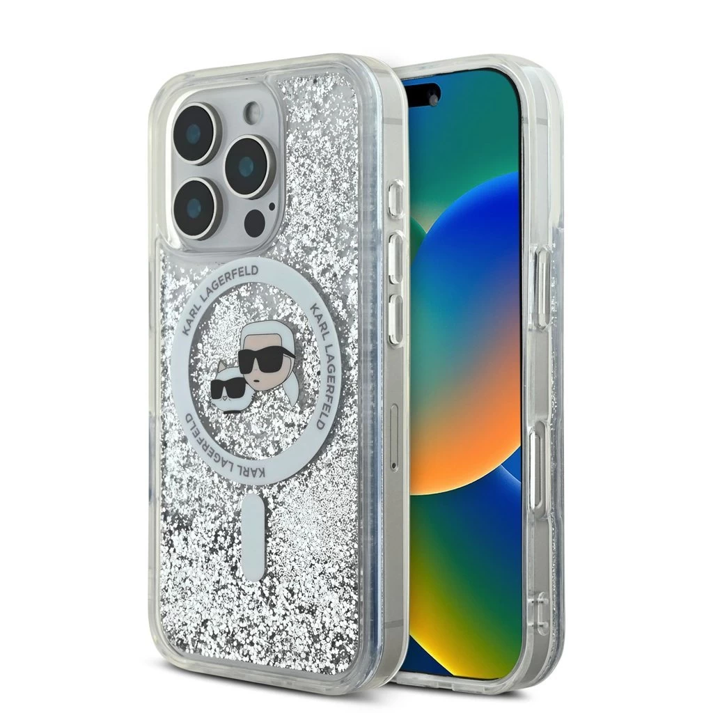 Karl Lagerfeld Liquid Glitter Karl and Choupette Heads MagSafe tok iPhone 16 Pro Max készülékhez átlátszó