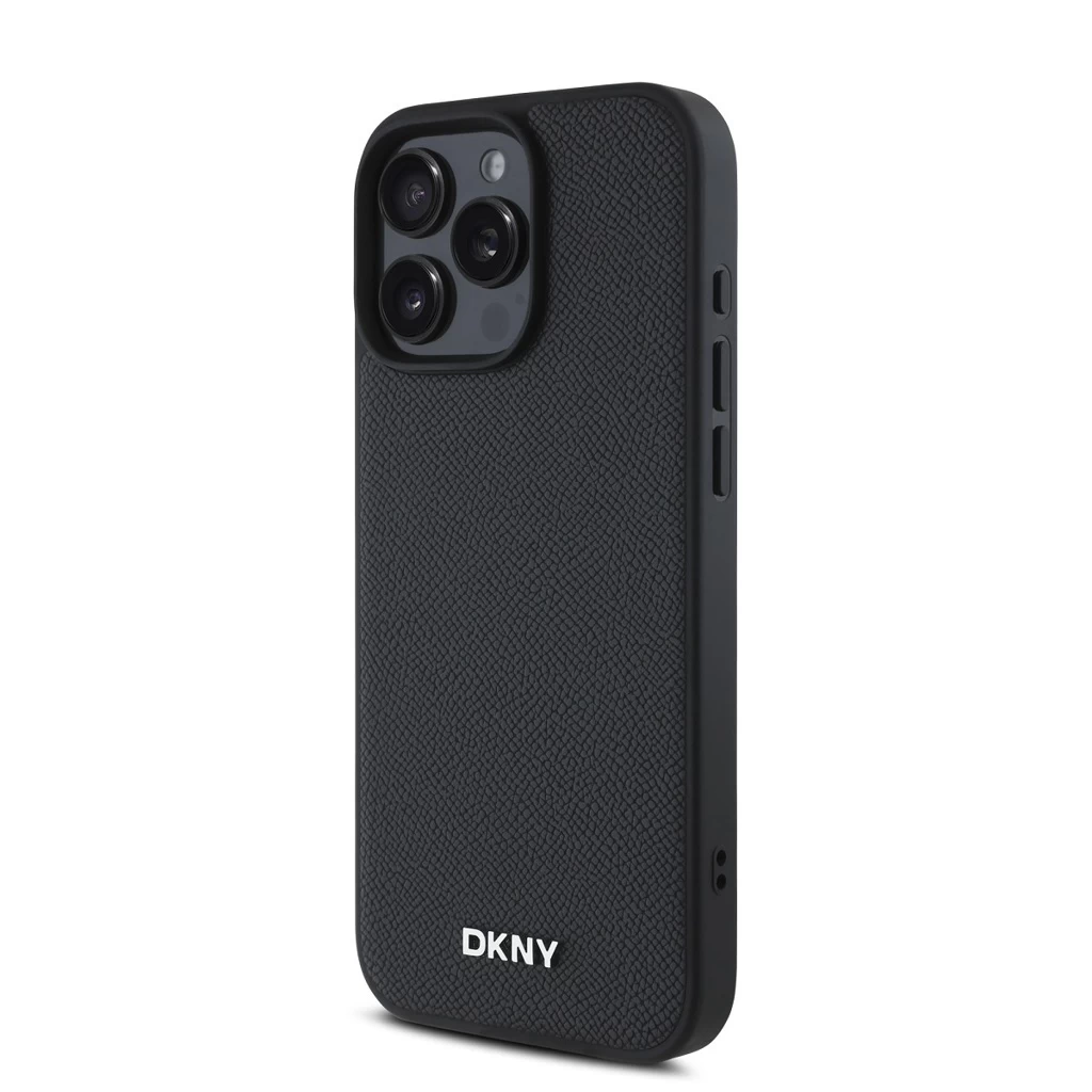 DKNY PU bőr Silver Metal Logo Magsafe tok iPhone 16 Pro készülékhez fekete