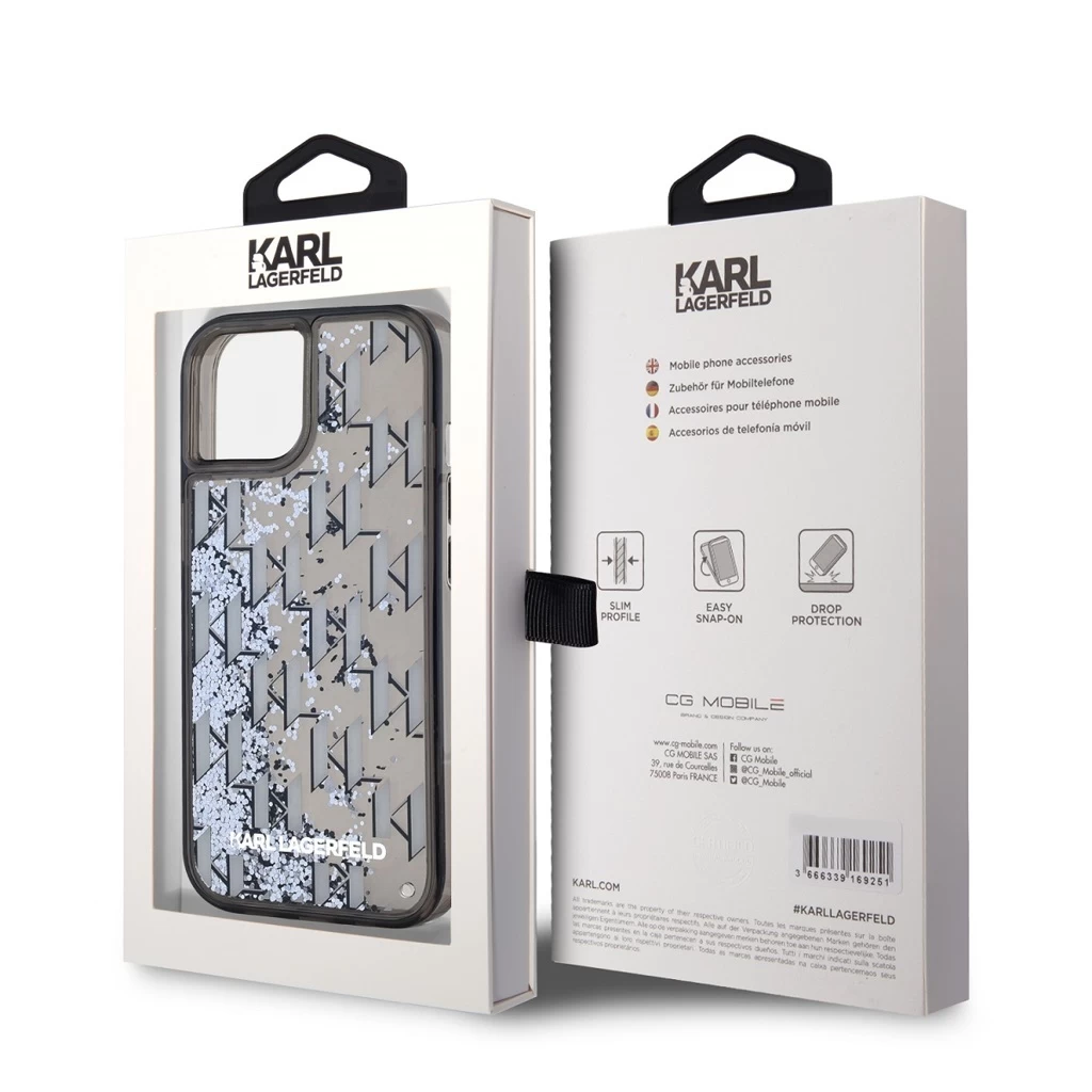 Karl Lagerfeld Liquid Glitter Monogram Gradient tok iPhone 15 készülékhez fekete