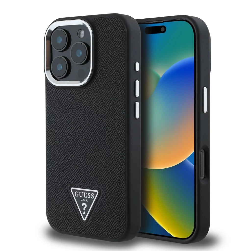 Guess PU Grained Triangle Logo tok iPhone 16 Pro készülékhez fekete