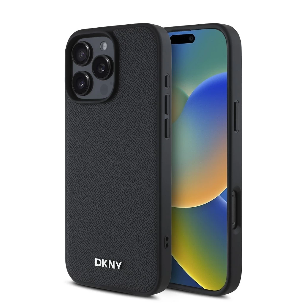 DKNY PU bőr Silver Metal Logo Magsafe tok iPhone 16 Pro Max készülékhez fekete
