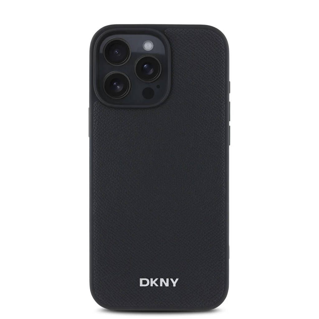 DKNY PU bőr Silver Metal Logo Magsafe tok iPhone 16 Pro Max készülékhez fekete