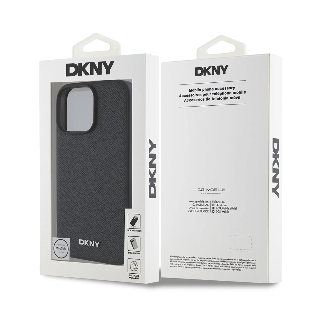 DKNY PU bőr Silver Metal Logo Magsafe tok iPhone 16 Pro Max készülékhez fekete