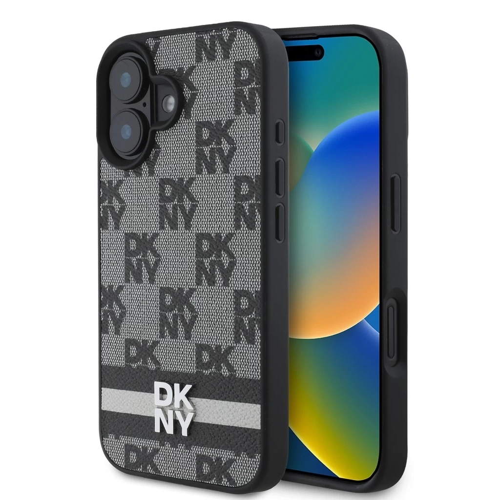 DKNY PU Leather Checkered Pattern and Stripe tok iPhone 16 készülékhez fekete DKNY PU Leather Checkered Pattern and Stripe tok iPhone 16 készülékhez fekete