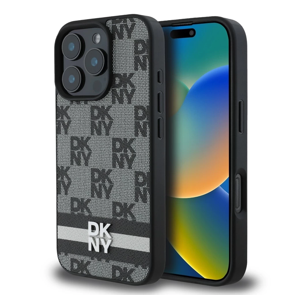 DKNY PU Leather Checkered Pattern and Stripe tok iPhone 16 Pro készülékhez fekete