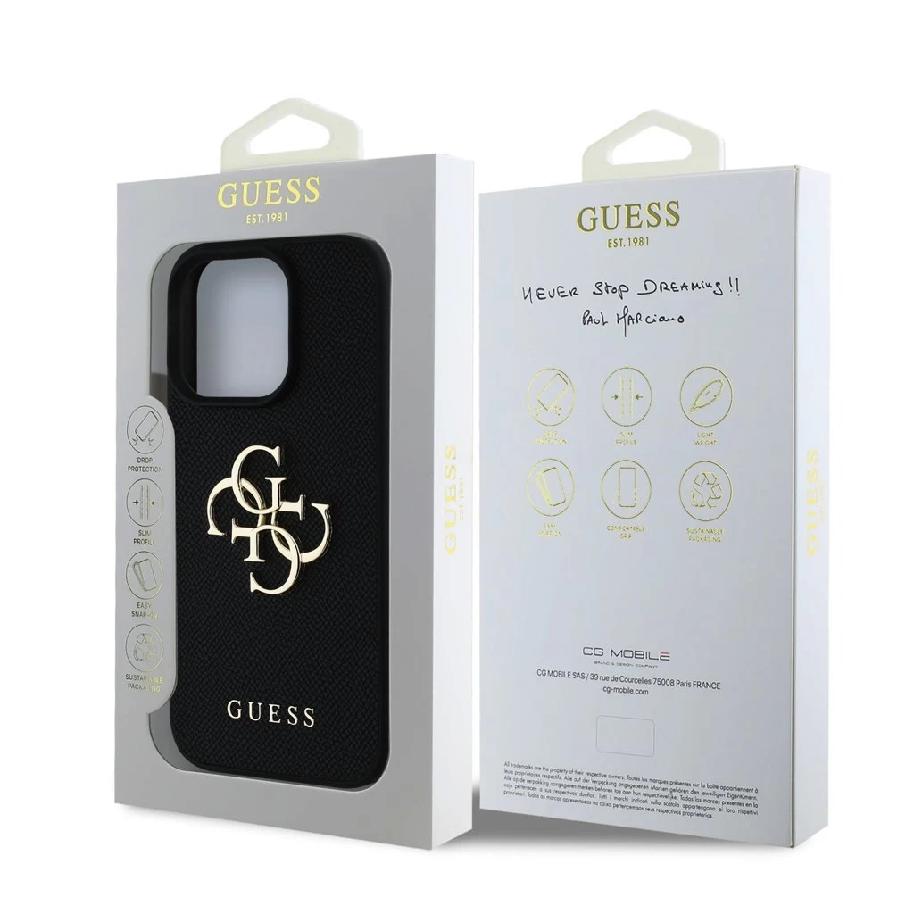Guess PU Grained 4G Metal Logo tok iPhone 15 Pro készülékhez fekete