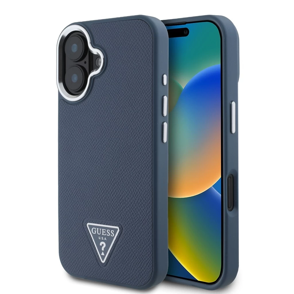 Guess PU Grained Triangle Logo tok iPhone 16 készülékhez kék