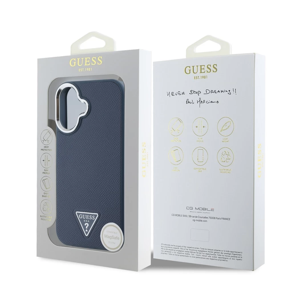 Guess PU Grained Triangle Logo tok iPhone 16 készülékhez kék