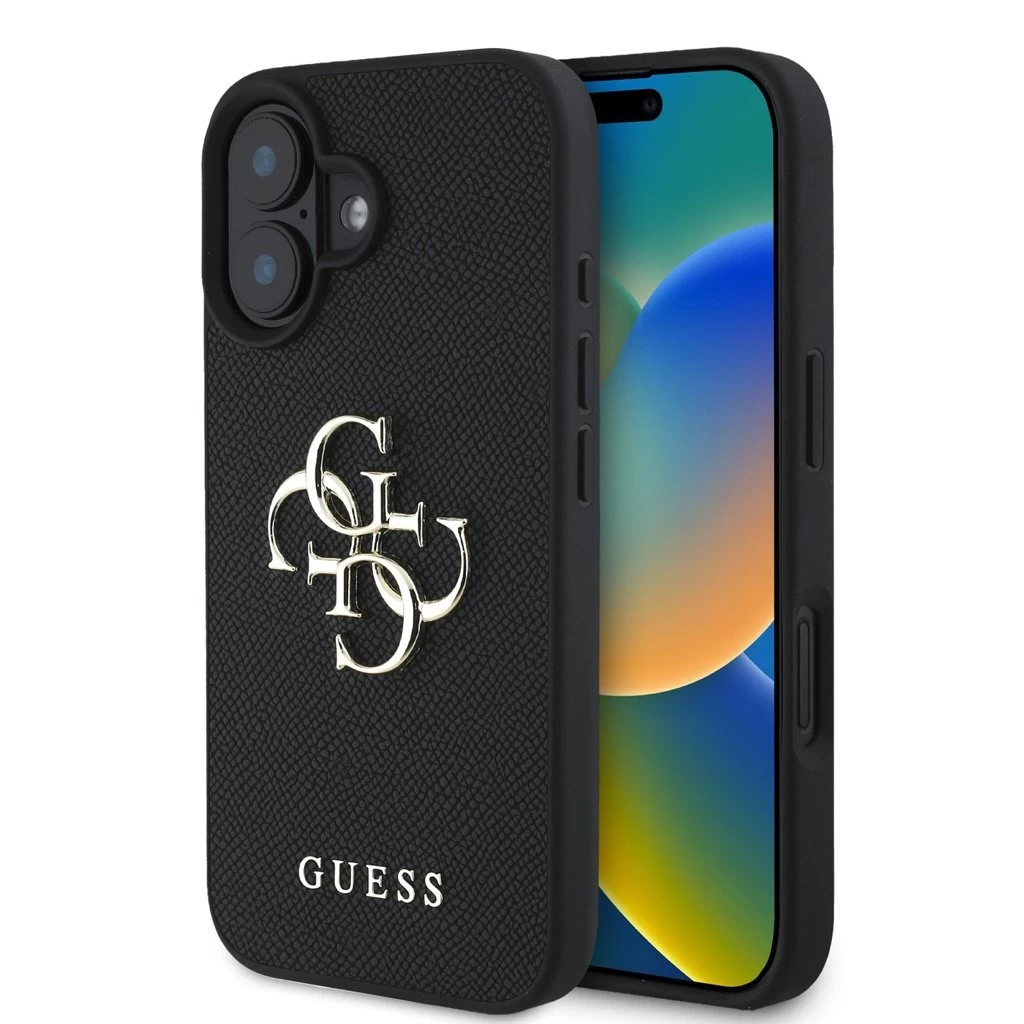 Guess PU Grained 4G Metal Logo tok iPhone 16 készülékhez fekete