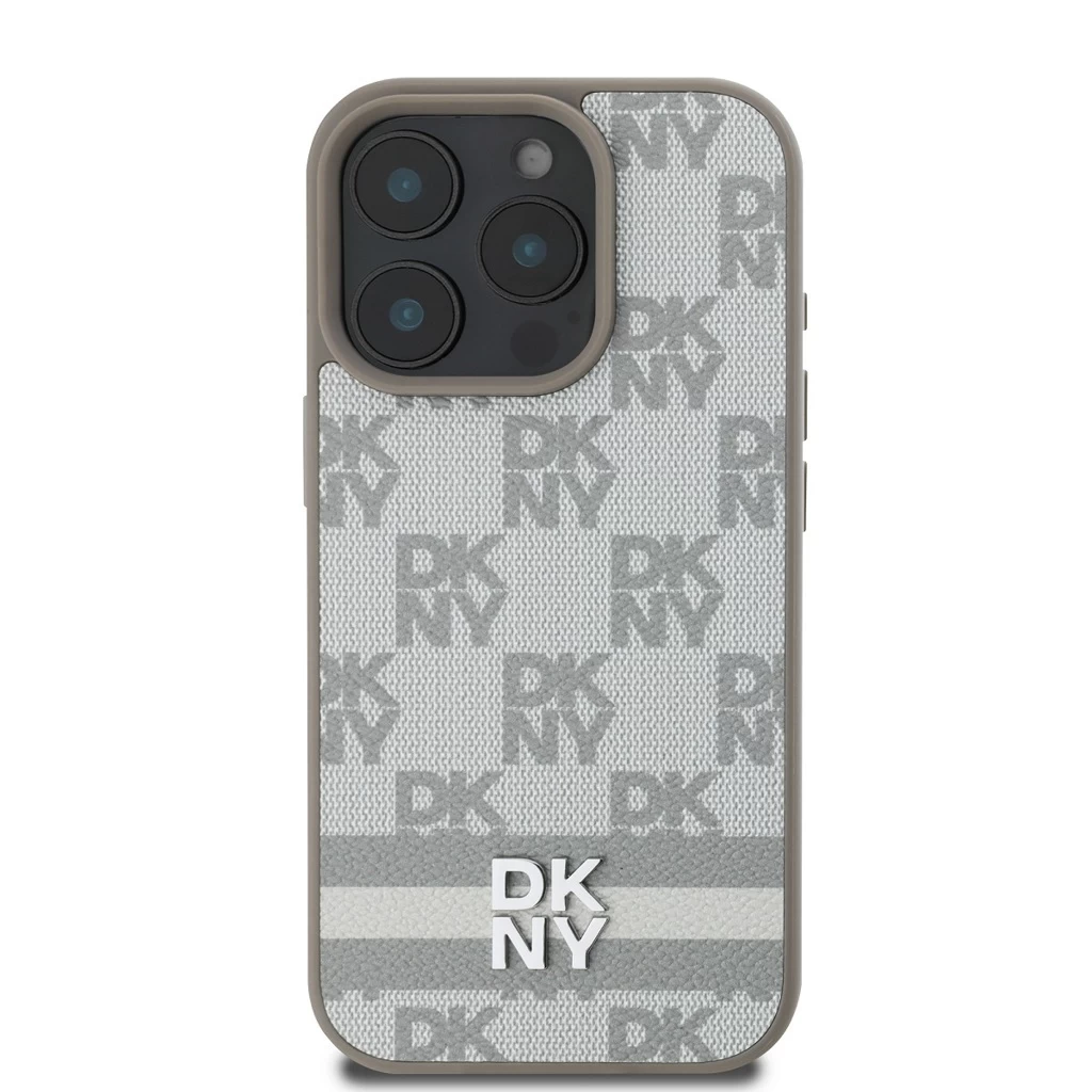 DKNY PU bőr Checkered Pattern and Stripe tok iPhone 16 Pro készülékhez bézs