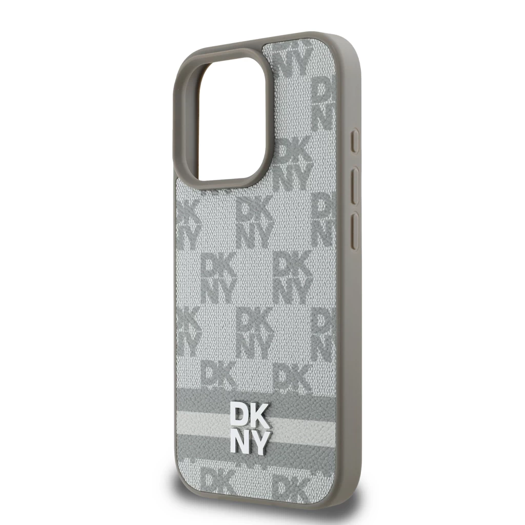 DKNY PU bőr Checkered Pattern and Stripe tok iPhone 16 Pro készülékhez bézs