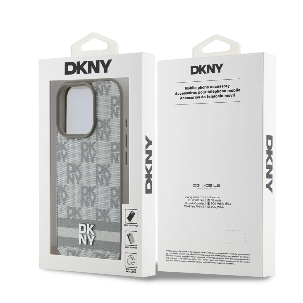 DKNY PU bőr Checkered Pattern and Stripe tok iPhone 16 Pro készülékhez bézs
