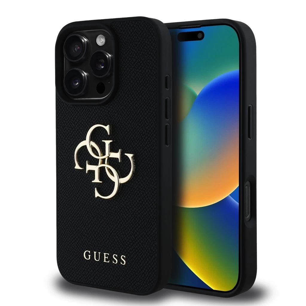 Guess PU Grained 4G Metal Logo tok iPhone 16 Pro készülékhez fekete