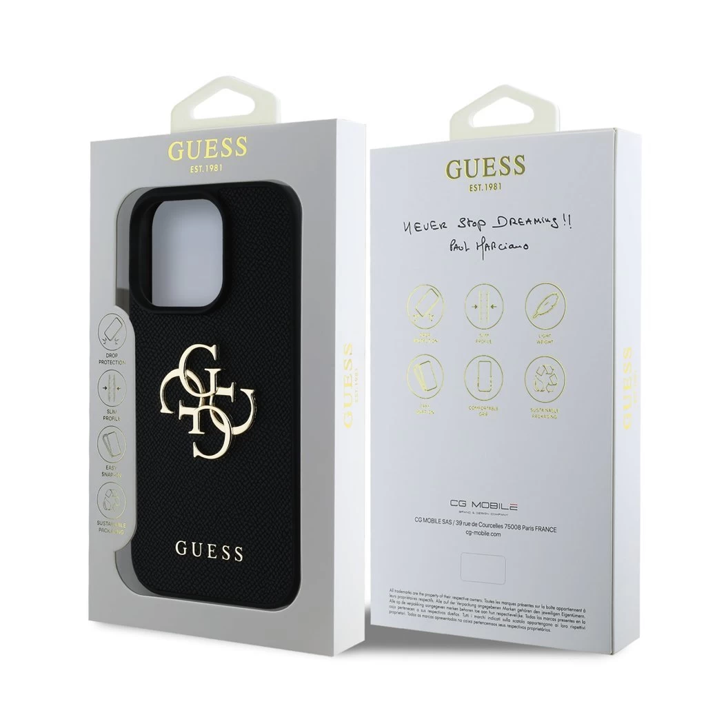 Guess PU Grained 4G Metal Logo tok iPhone 16 Pro készülékhez fekete