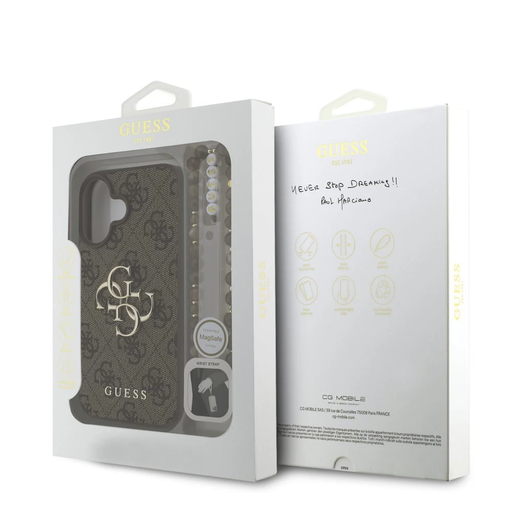 Guess PU 4G Metal Logo Strap tok iPhone 16 készülékhez barna