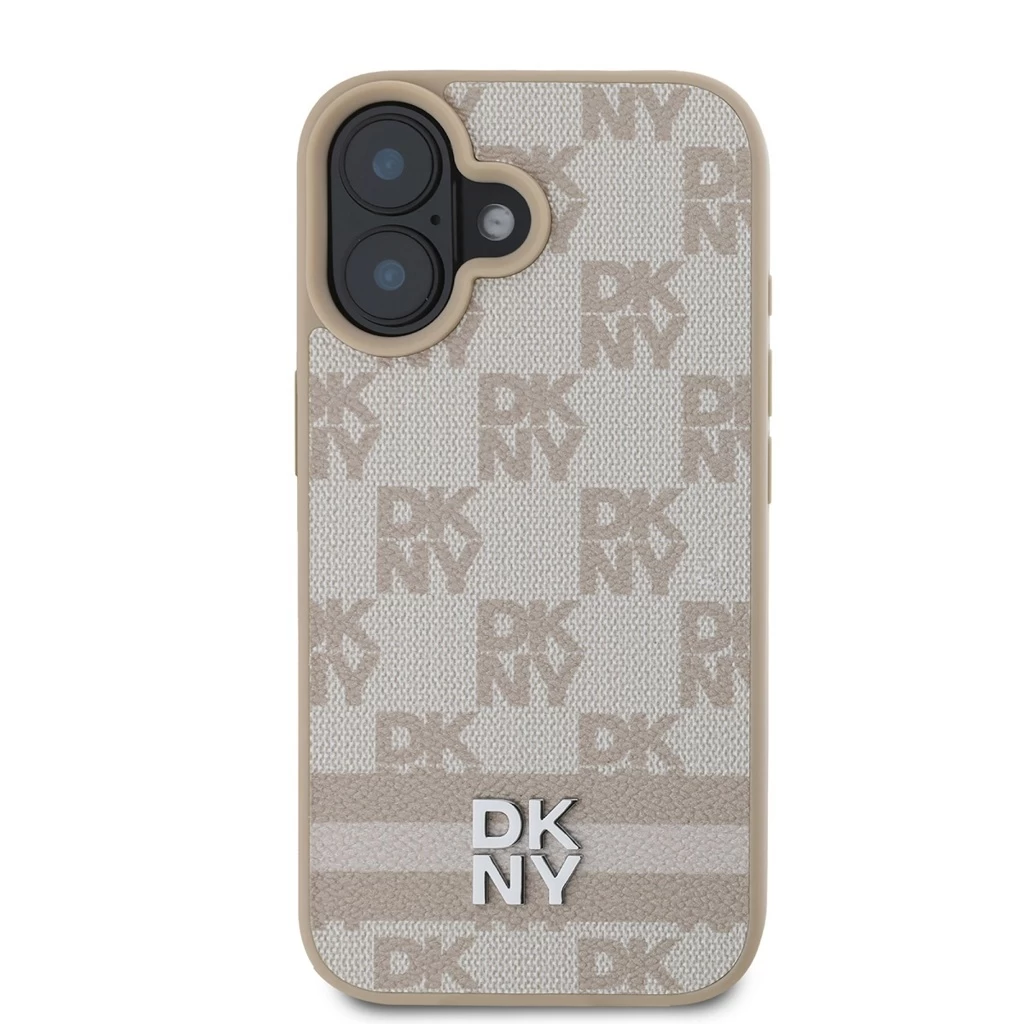 DKNY PU Leather Checkered Pattern and Stripe tok iPhone 16 készülékhez rózsaszín