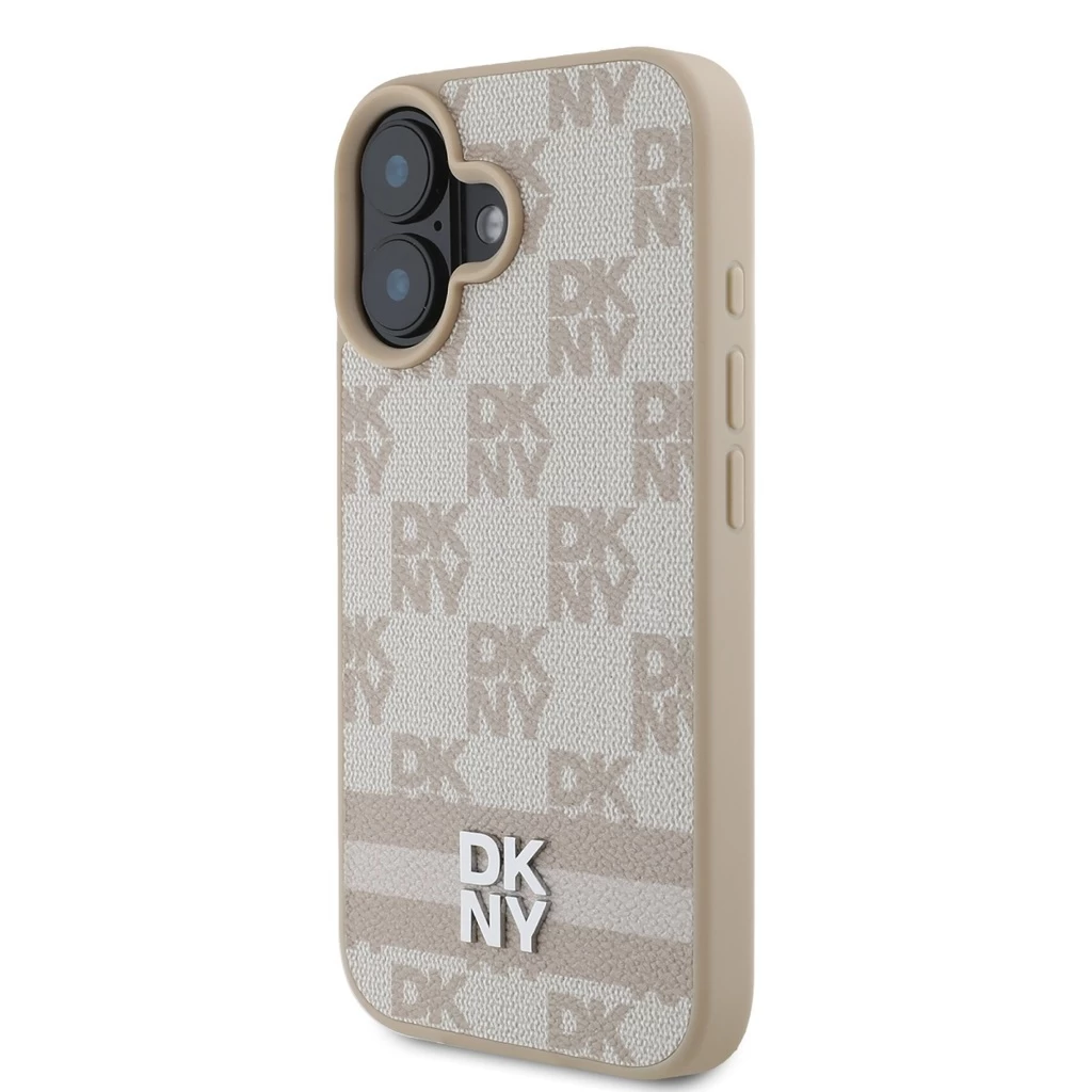 DKNY PU Leather Checkered Pattern and Stripe tok iPhone 16 készülékhez rózsaszín
