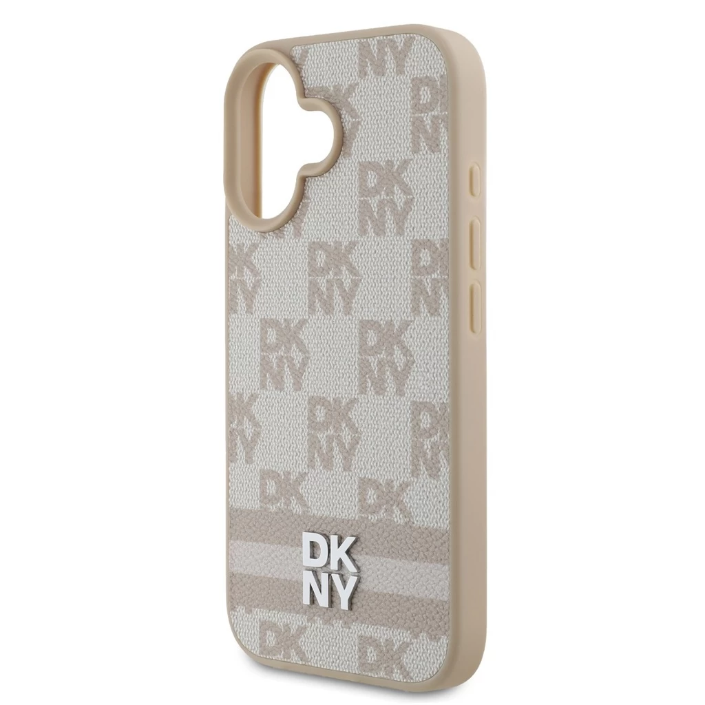 DKNY PU Leather Checkered Pattern and Stripe tok iPhone 16 készülékhez rózsaszín
