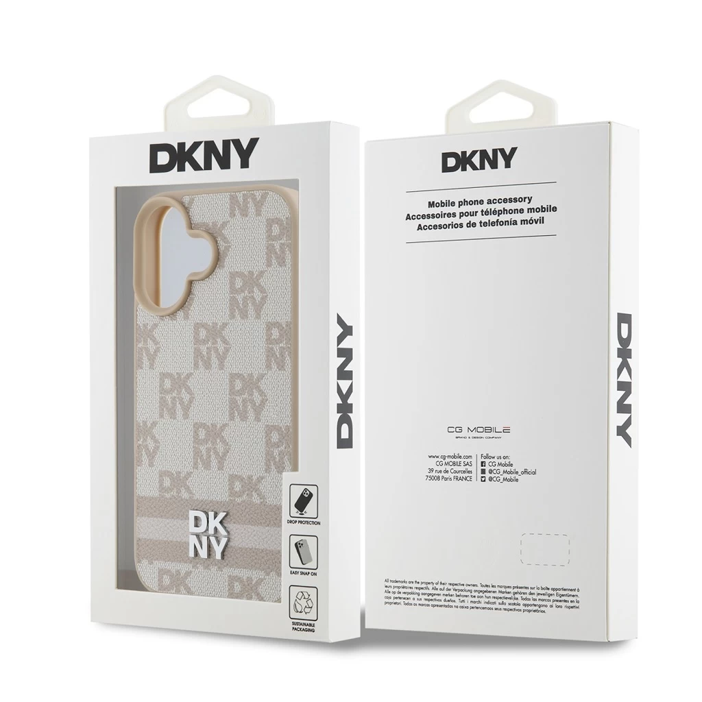 DKNY PU Leather Checkered Pattern and Stripe tok iPhone 16 készülékhez rózsaszín