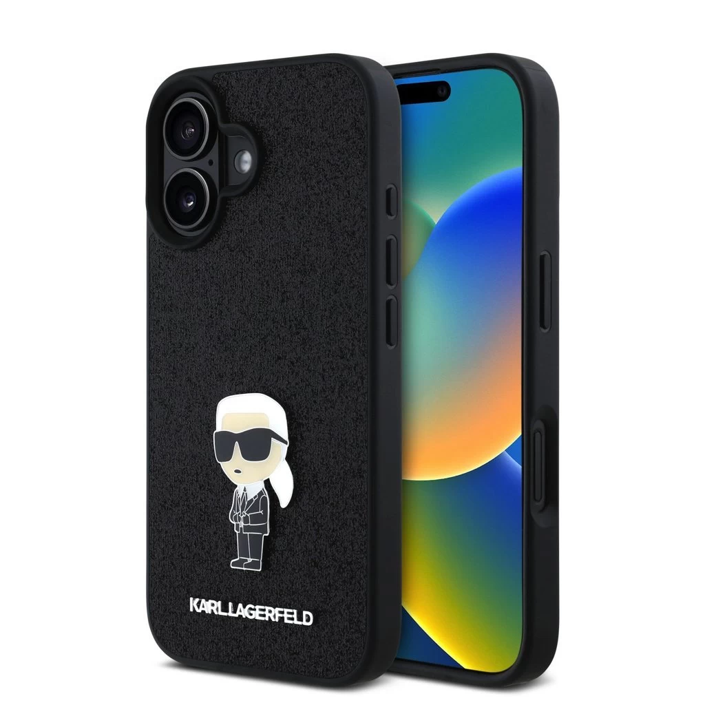 Karl Lagerfeld Fixed Glitter Metal Ikonik tok iPhone 16 készülékhez fekete