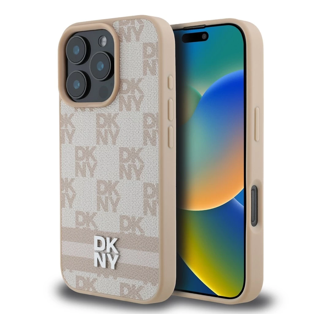 DKNY PU Leather Checkered Pattern and Stripe tok iPhone 16 Pro Max készülékhez rózsaszín