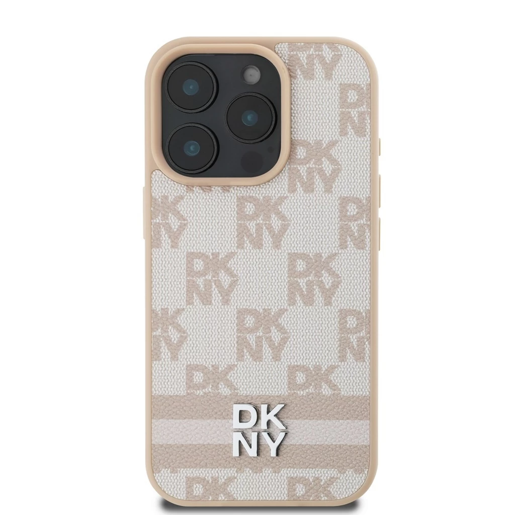 DKNY PU Leather Checkered Pattern and Stripe tok iPhone 16 Pro Max készülékhez rózsaszín