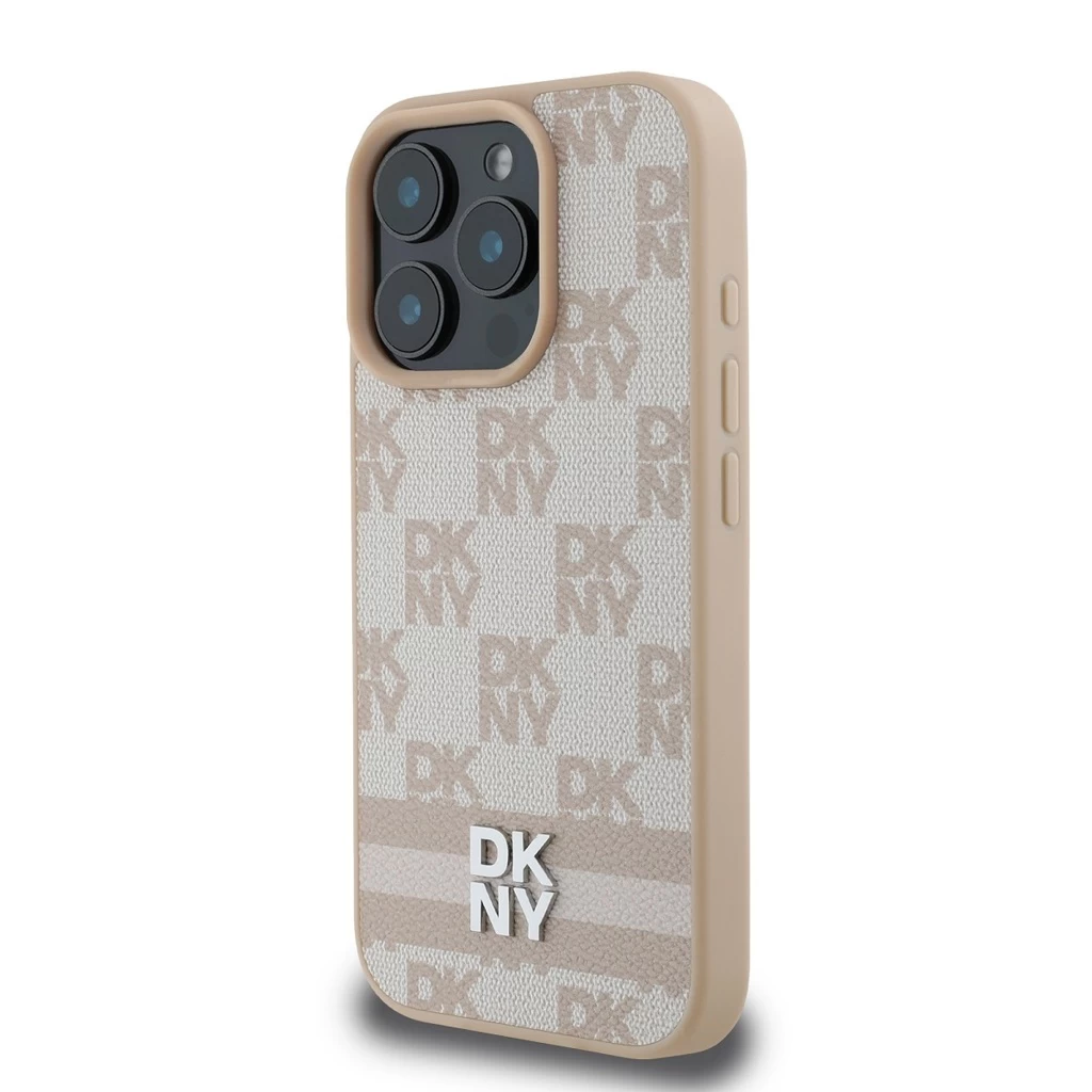 DKNY PU Leather Checkered Pattern and Stripe tok iPhone 16 Pro Max készülékhez rózsaszín