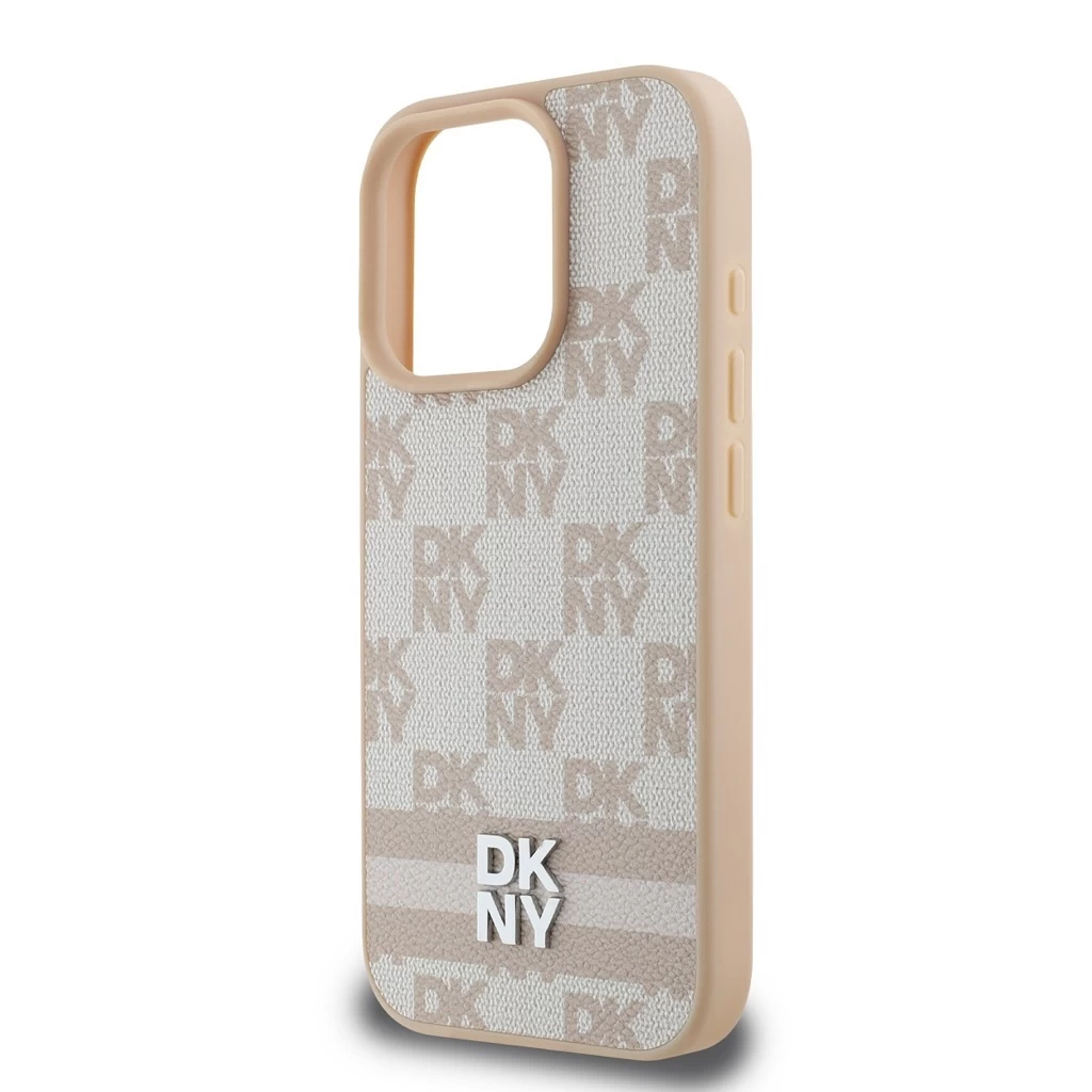 DKNY PU Leather Checkered Pattern and Stripe tok iPhone 16 Pro Max készülékhez rózsaszín