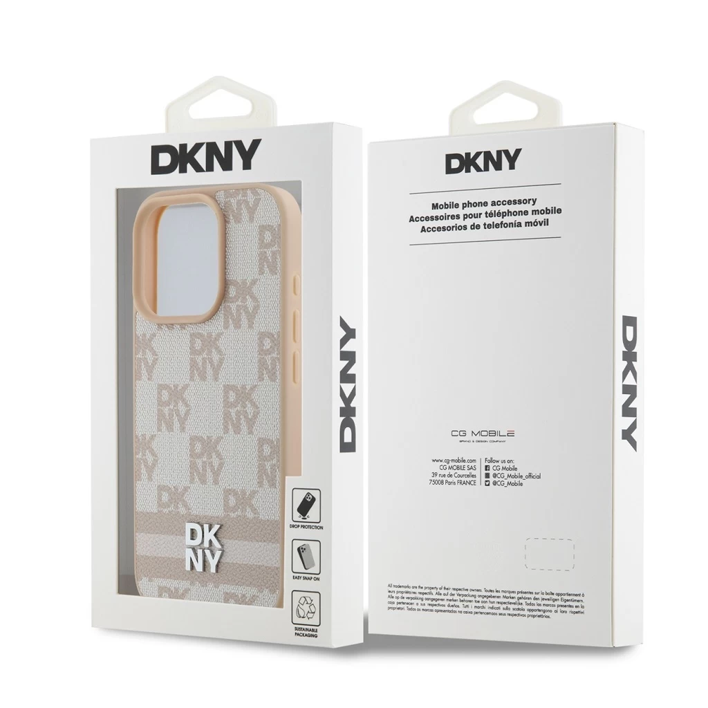 DKNY PU Leather Checkered Pattern and Stripe tok iPhone 16 Pro Max készülékhez rózsaszín