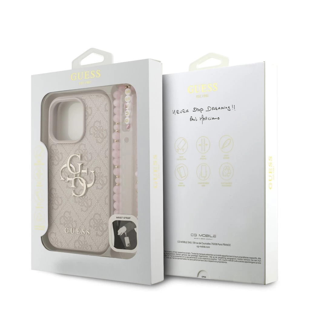 Guess PU 4G Metal Logo Strap tok iPhone 16 Pro Max készülékhez rózsaszín