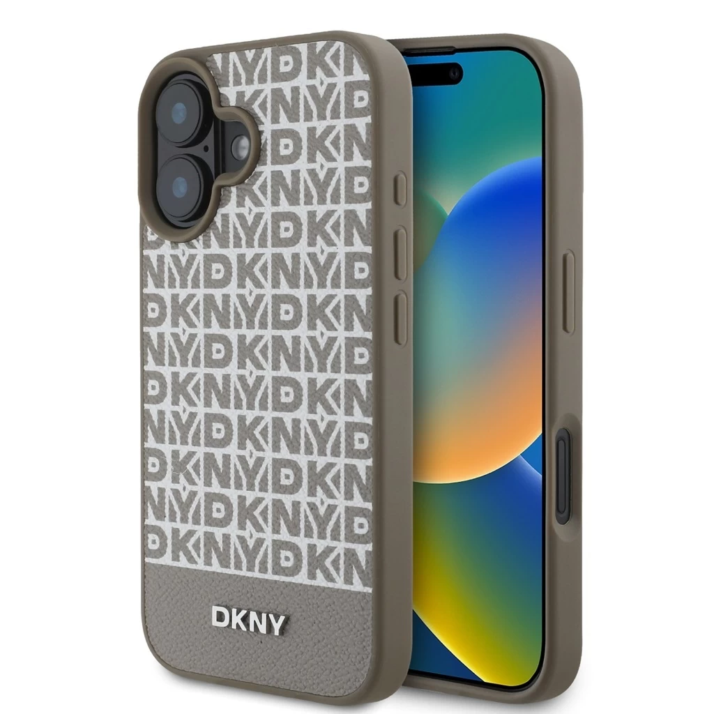 DKNY PU Leather Repeat Pattern Bottom Stripe MagSafe tok iPhone 16 készülékhez barna DKNY PU Leather Repeat Pattern Bottom Stripe MagSafe tok iPhone 16 készülékhez barna