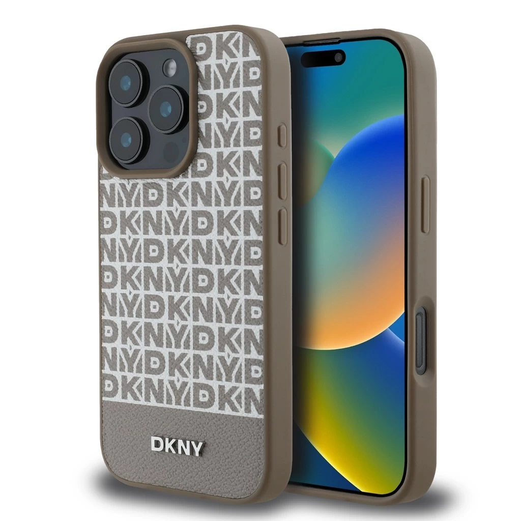 DKNY PU Leather Repeat Pattern Bottom Stripe MagSafe tok iPhone 16 Pro Max készülékhez barna