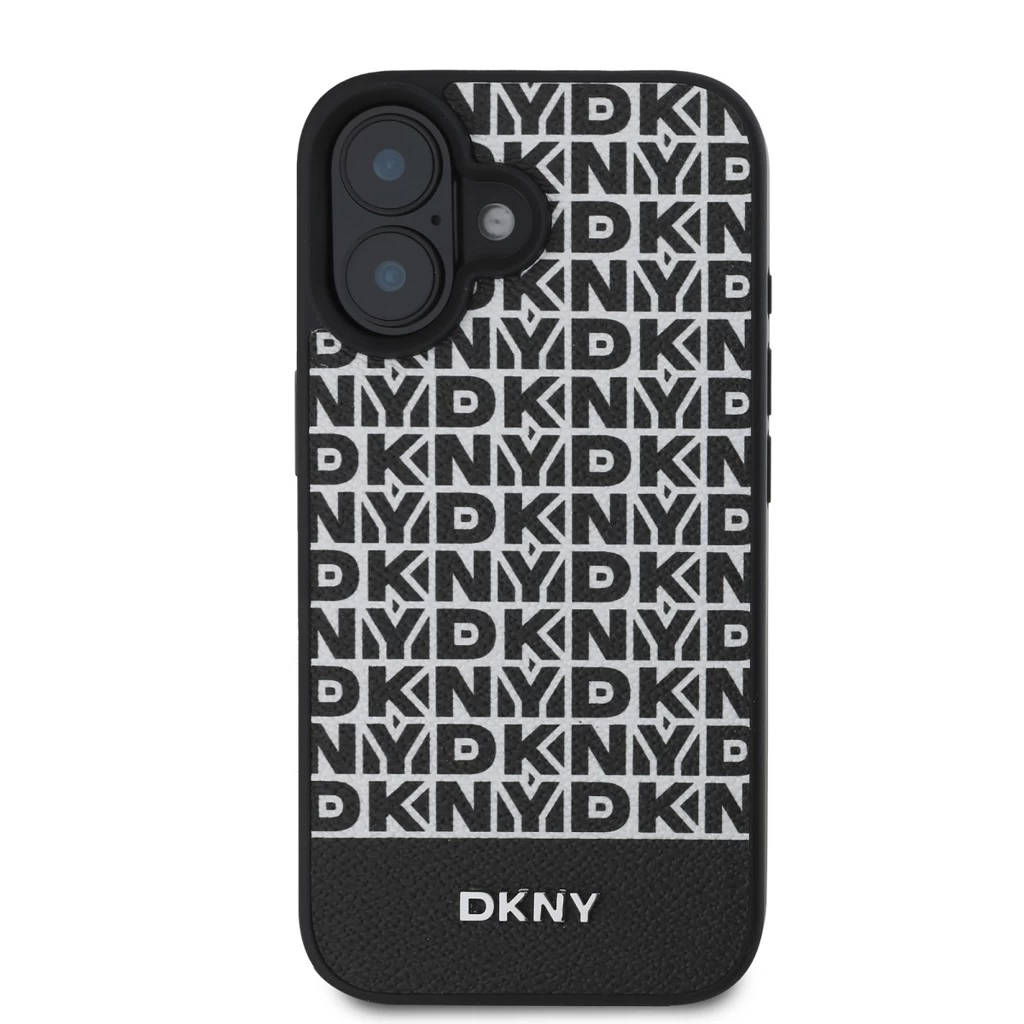 DKNY PU Leather Repeat Pattern Bottom Stripe MagSafe tok iPhone 16 Plus készülékhez fekete