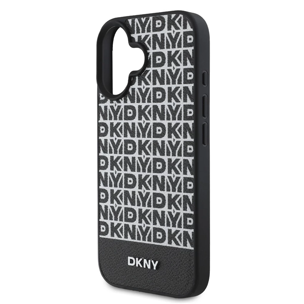 DKNY PU Leather Repeat Pattern Bottom Stripe MagSafe tok iPhone 16 Plus készülékhez fekete