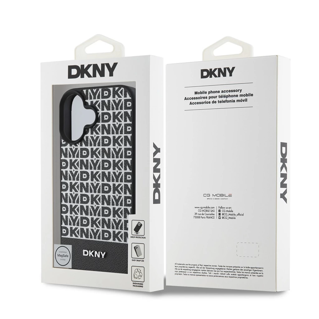 DKNY PU Leather Repeat Pattern Bottom Stripe MagSafe tok iPhone 16 Plus készülékhez fekete