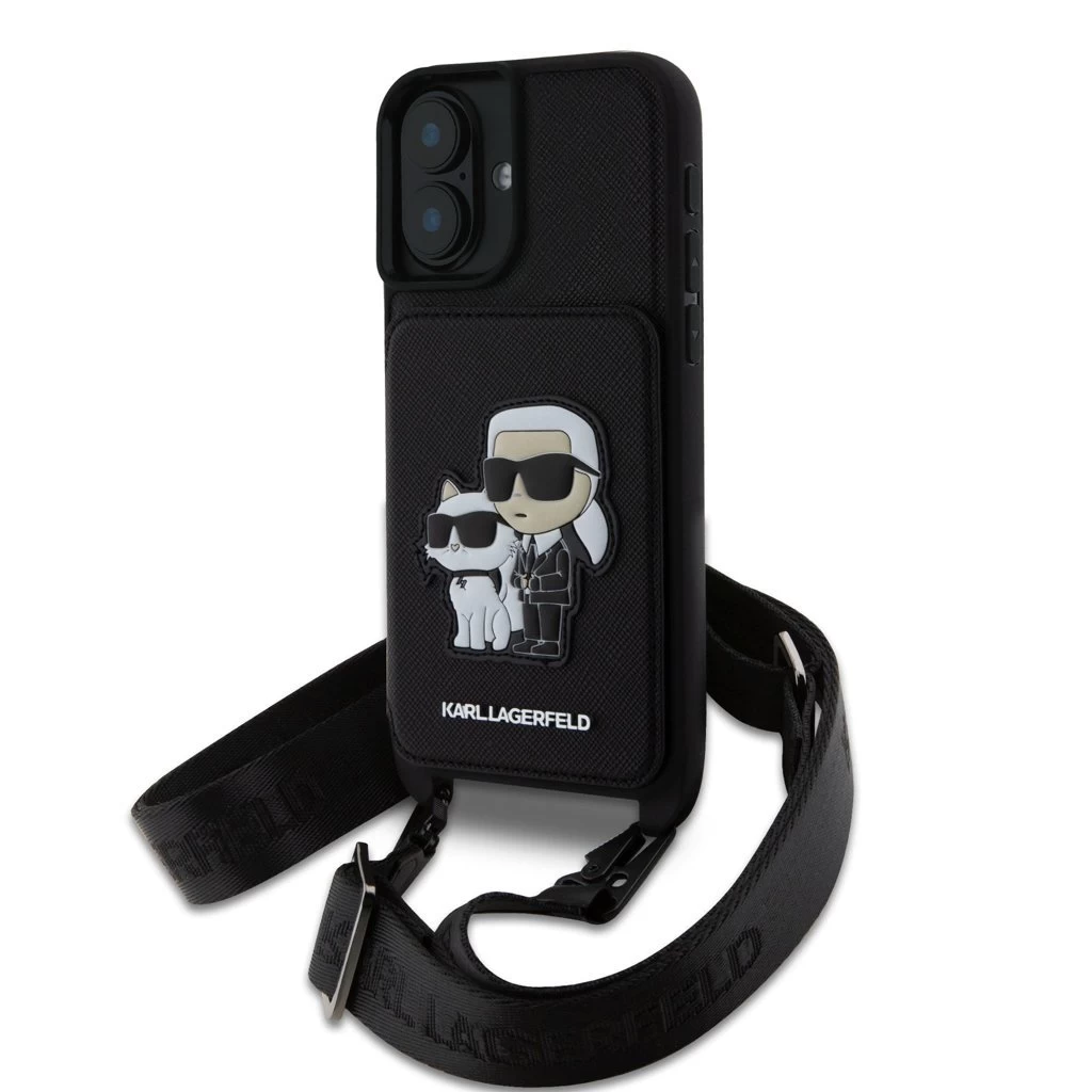 Karl Lagerfeld Saffiano Crossbody Strap Karl and Choupette tok iPhone 16 készülékhez fekete
