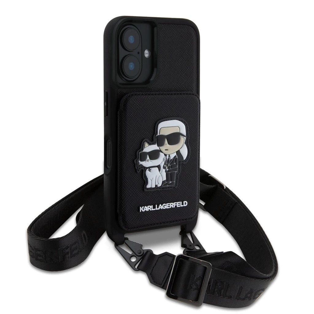 Karl Lagerfeld Saffiano Crossbody Strap Karl and Choupette tok iPhone 16 készülékhez fekete
