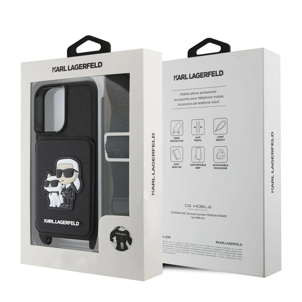 Karl Lagerfeld Saffiano Crossbody Strap Karl and Choupette tok iPhone 16 készülékhez fekete