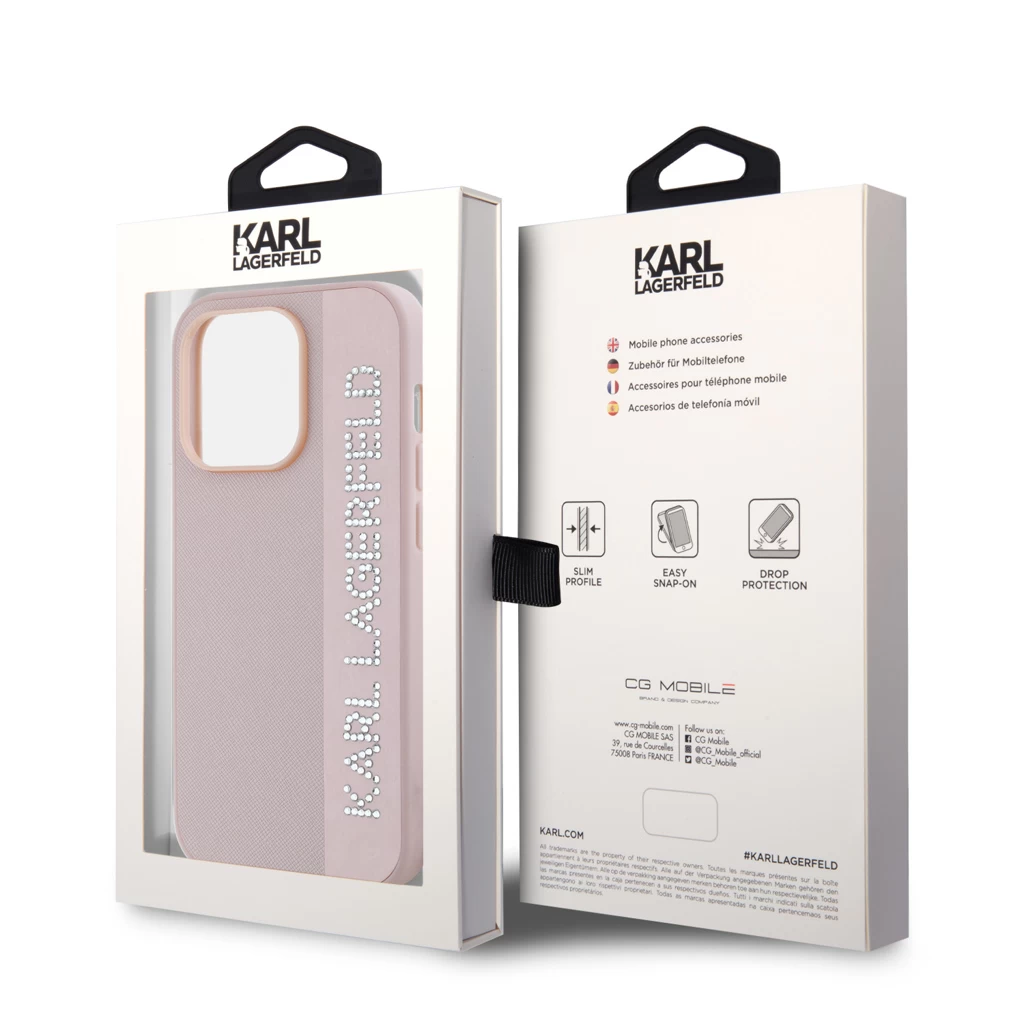 Karl Lagerfeld PU Saffiano Rhinestone Charm tok iPhone 14 Pro készülékhez rózsaszín